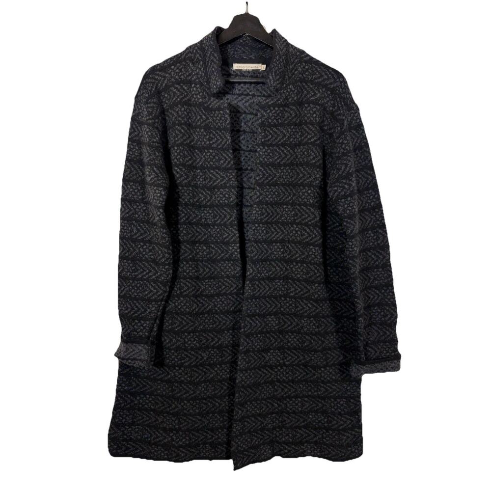 Chiaramente Sweater Open Front Cardigan Wool Blend Italy Grey Black Warm Large